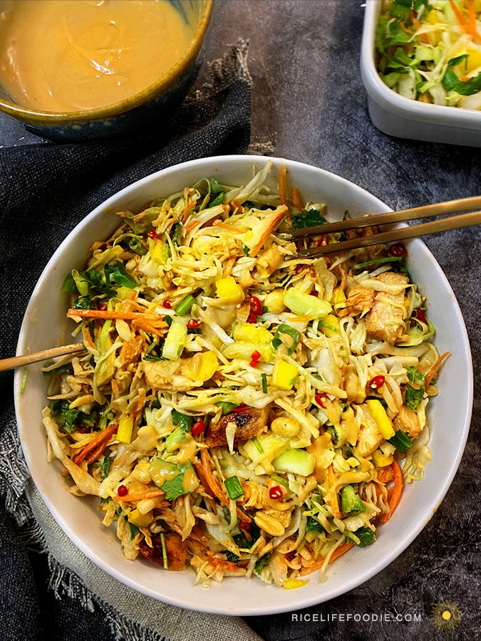 Asian Salad with Chicken, Mango, and the BEST Peanut Dressing